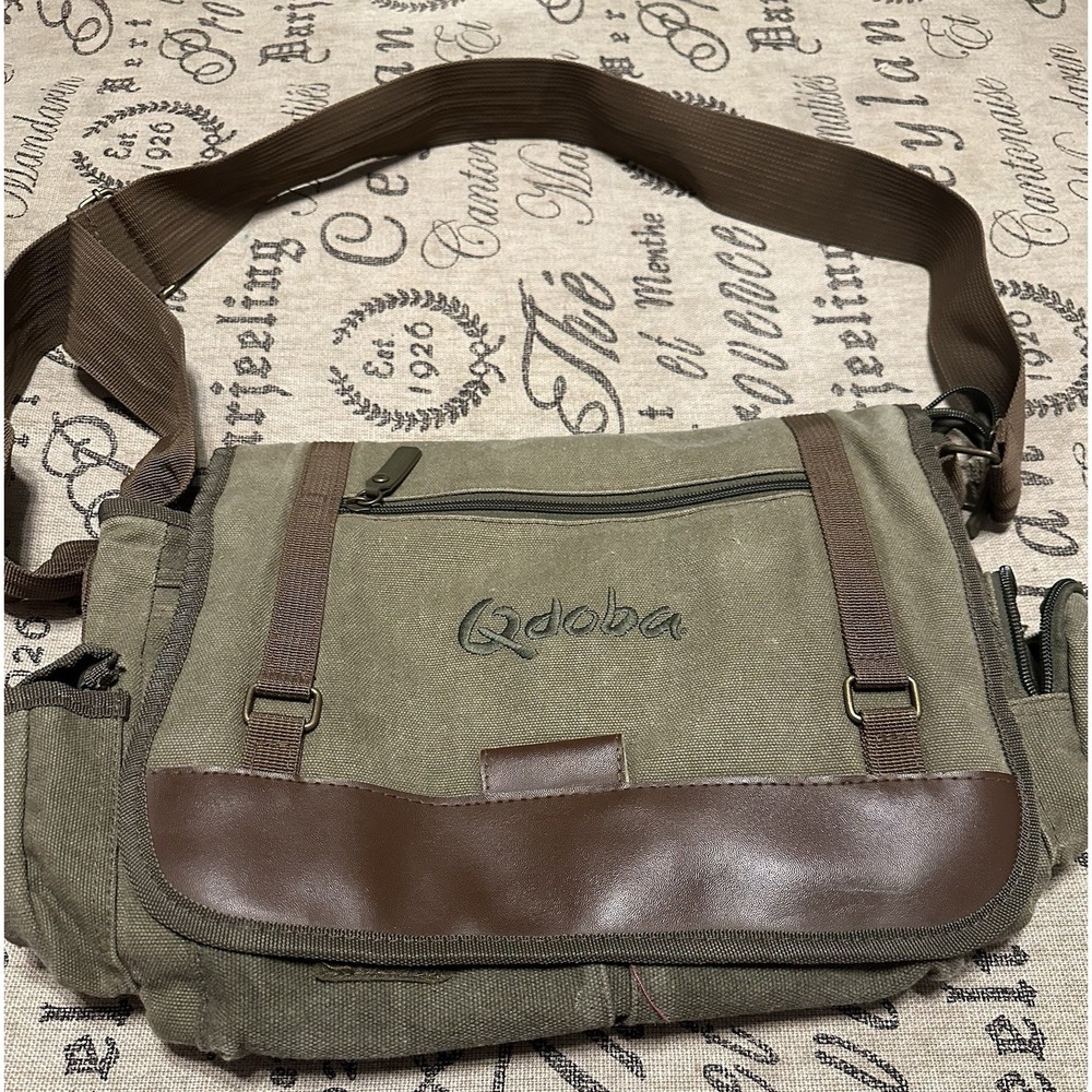 Sovrano Olive Canvas Messenger Bag Crossbody - Qdoba Logo'd